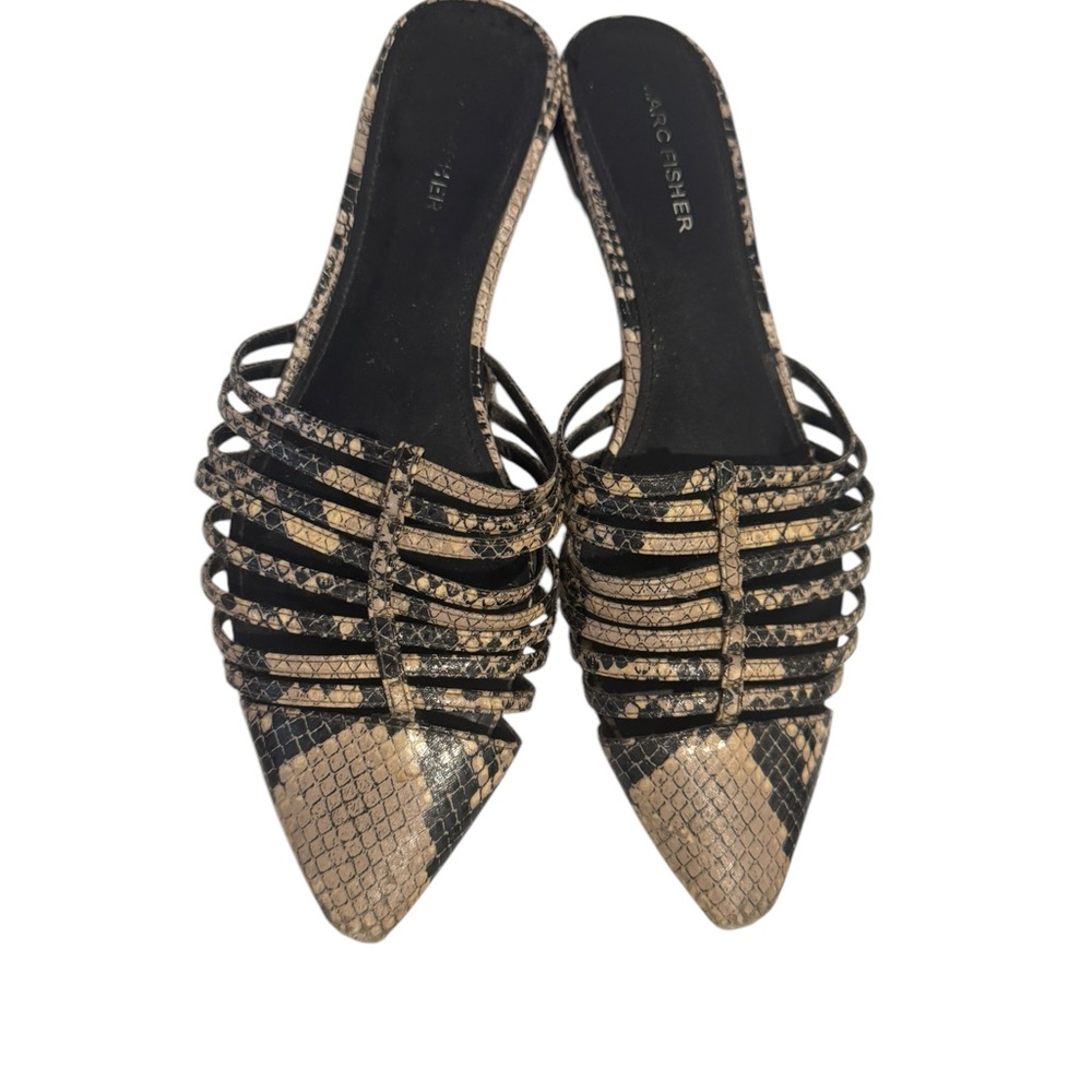 Marc Fisher Black and Tan snake print Mules with Woven Design